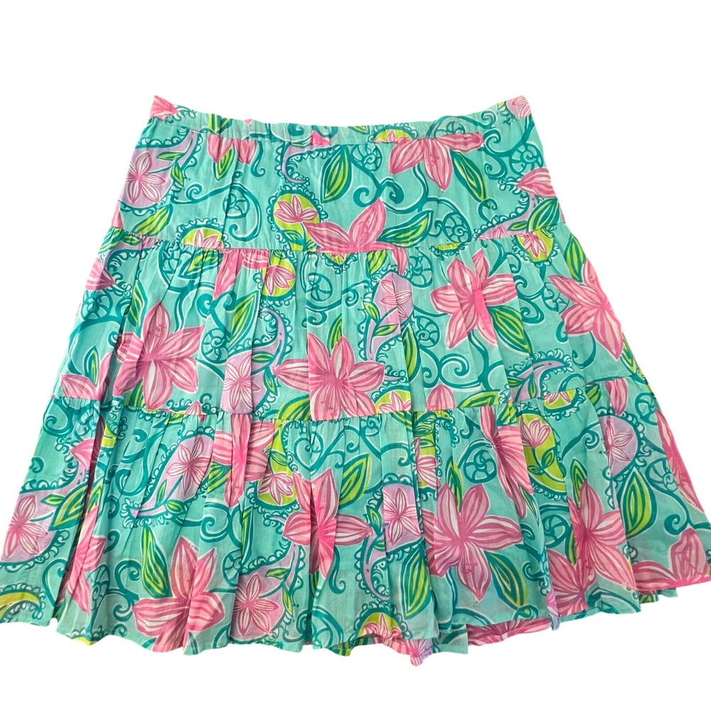 Lilly Pulitzer Vintage Midi Skirt FLAWED Medium Large Blue Pink Pleated Tiered